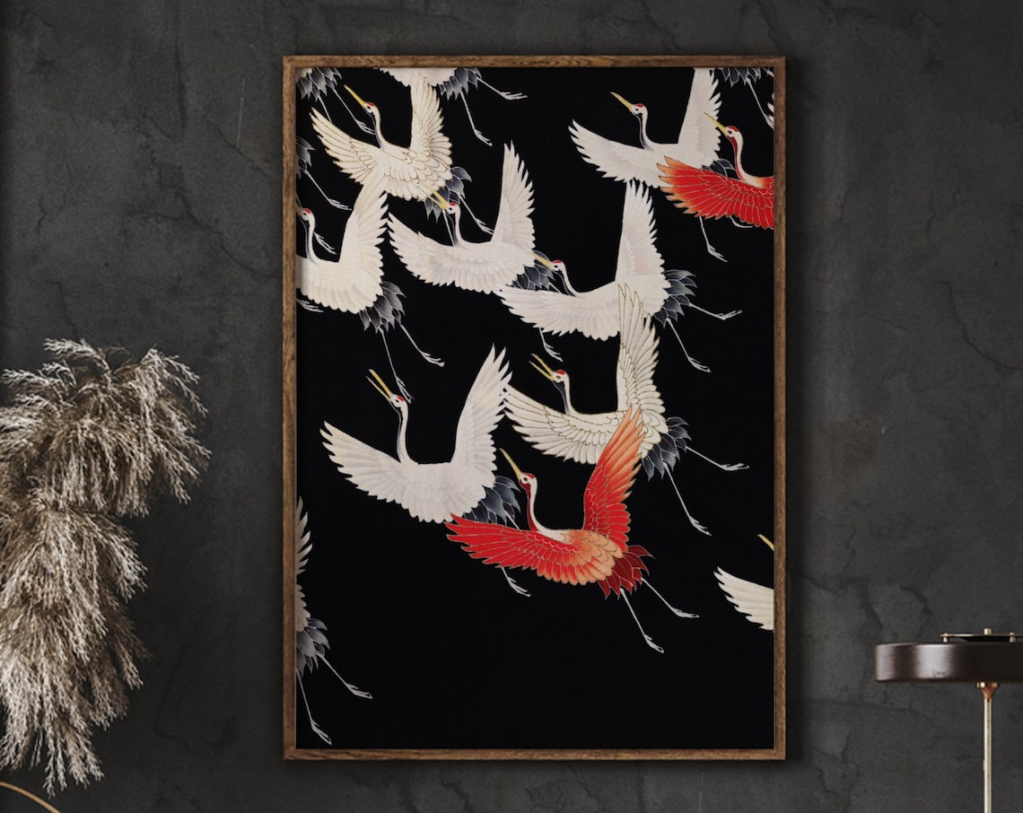 Flying Birds Poster Cranes, Vintage Oriental Art Print