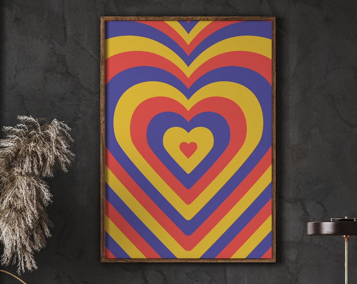 Colorful Retro Concentric Hearts Psychedelic Groovy Art Poster