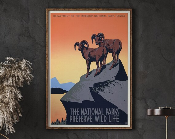 National Parks Preserve Wildlife Bighorn Sheep Vintage Art Poster