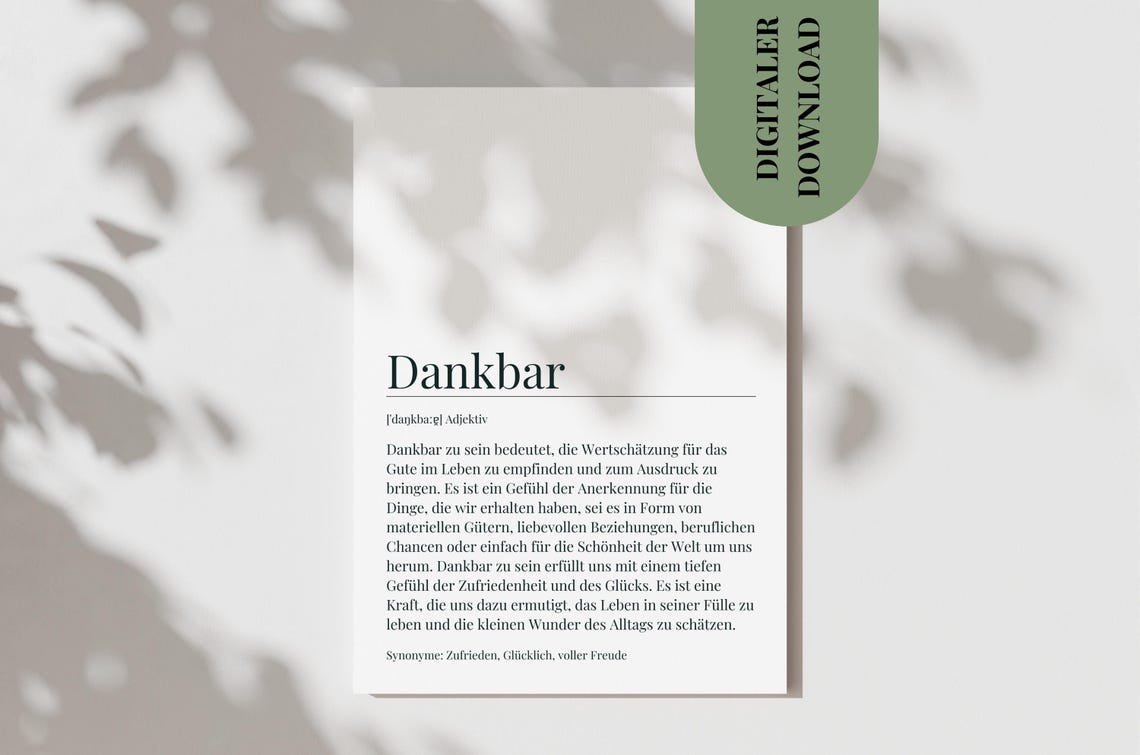 Dankbar German Grateful Gratitude Definition Dictionary Style Poster