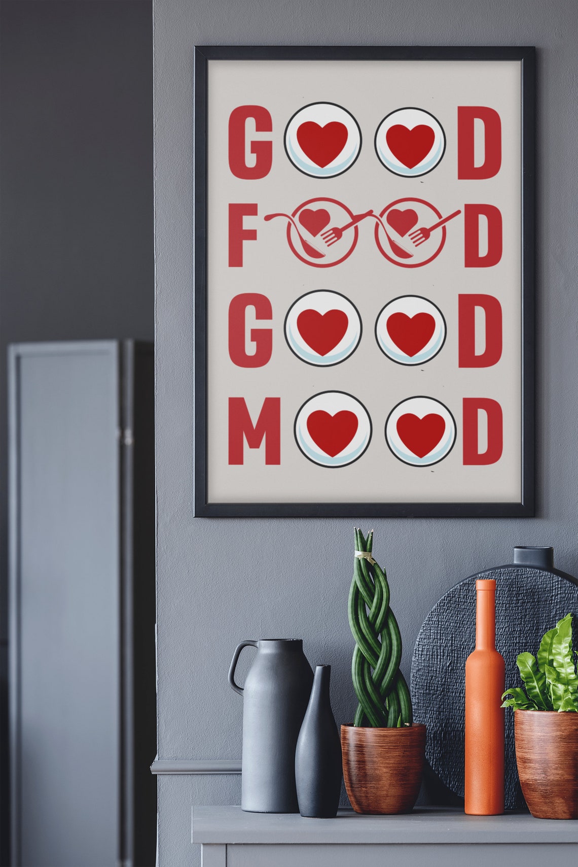 Good Food Good Mood Hearts Kitchen Typography Fun Poster Decor - Image 2