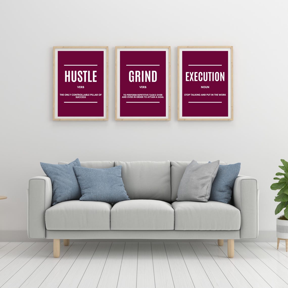 Hustle Grind Execution Three Piece Black White Quote Poster Set - Image 4