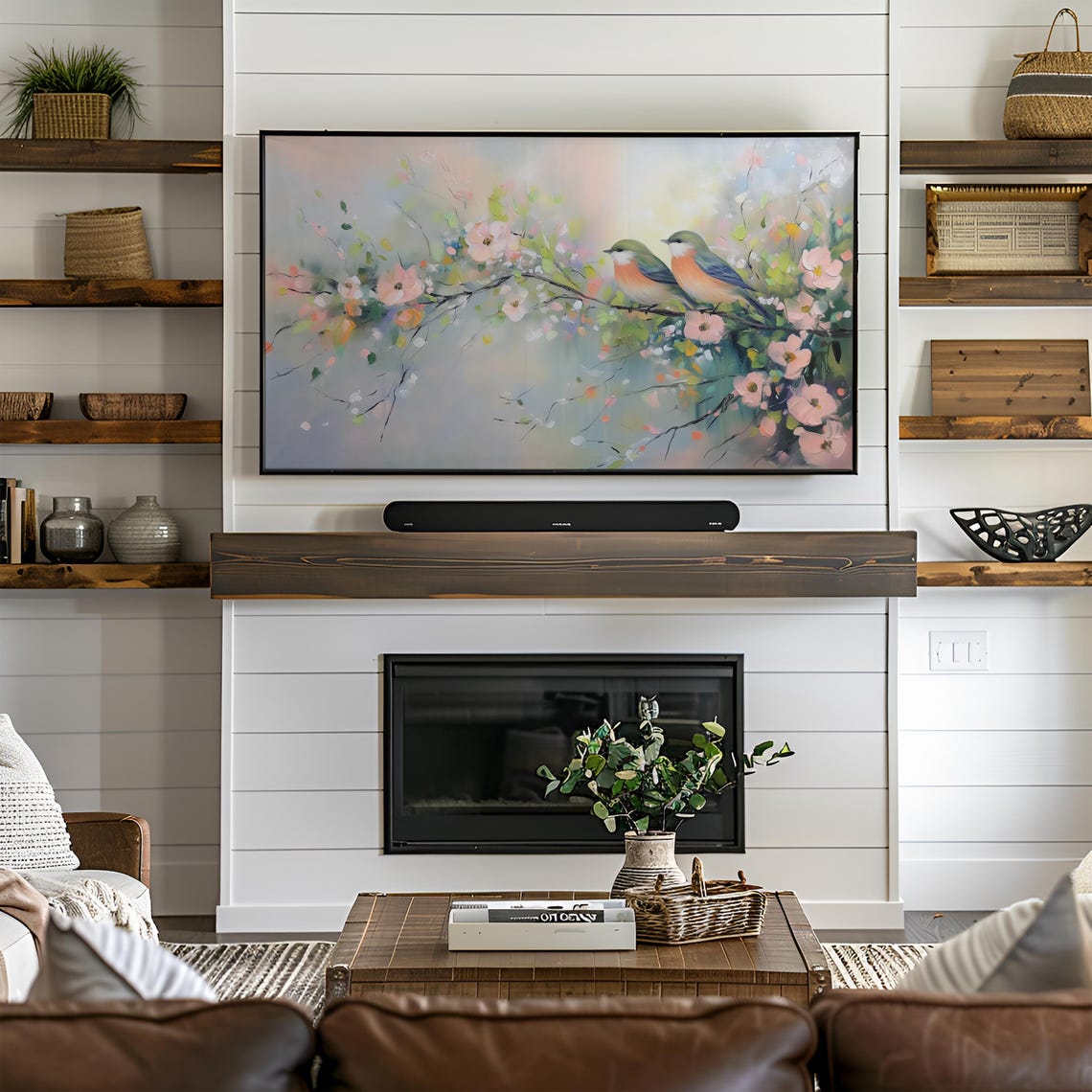 Two Songbirds Blossom Branch Spring Pastel Floral Frame TV Art Poster - Image 2