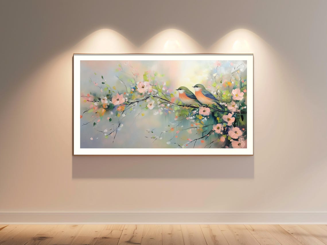 Two Songbirds Blossom Branch Spring Pastel Floral Frame TV Art Poster - Image 4