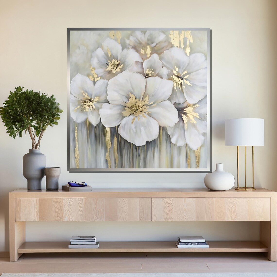 Elegant White Floral Painting With Gold Accents Modern Flower Wall Art For Living Room Luxury Nature Inspired Home Decor - Image 4