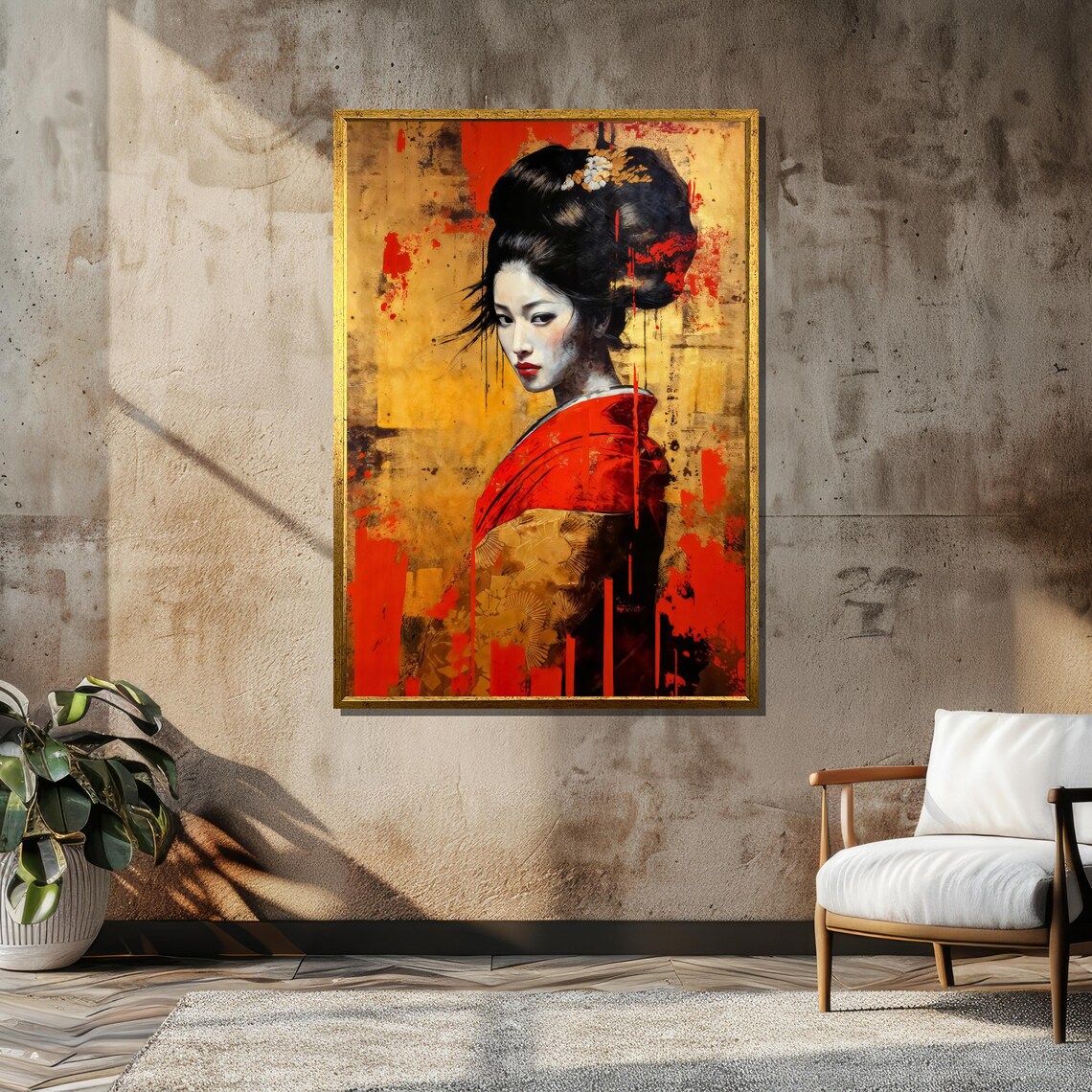 Bold Red Kimono Geisha Portrait On Gold Abstract Background Poster - Image 6