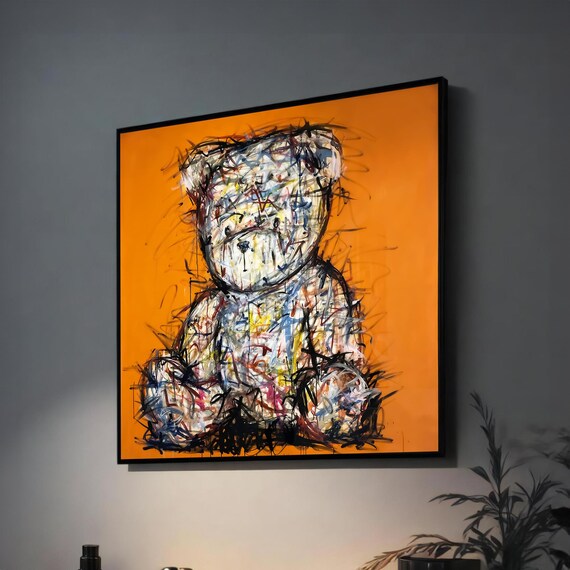 Sketchy Scribble Teddy Bear on a Bold Bright Orange Background Poster