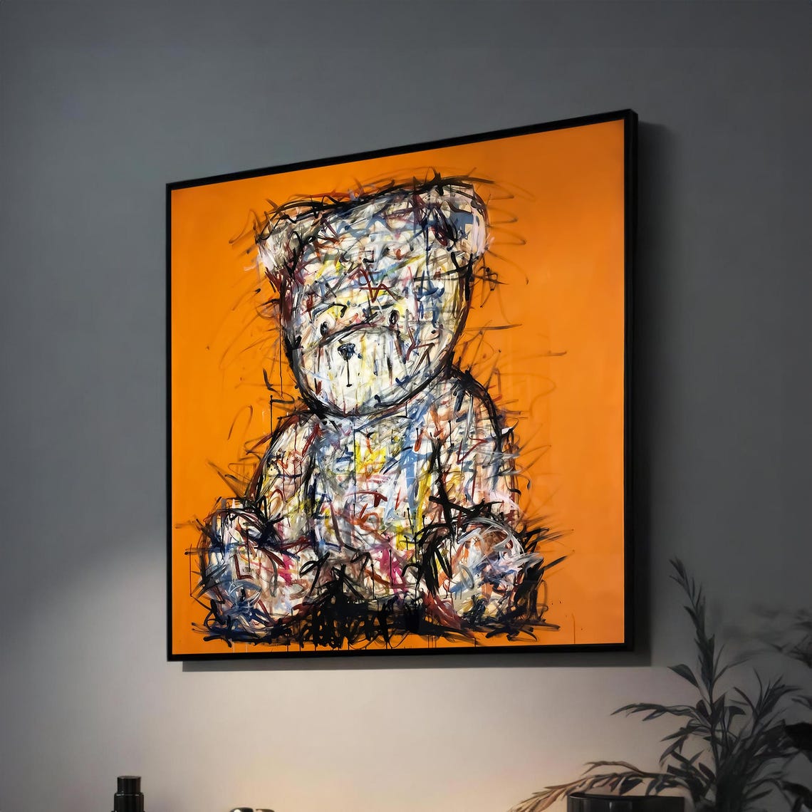 Sketchy Scribble Teddy Bear on a Bold Bright Orange Background Poster