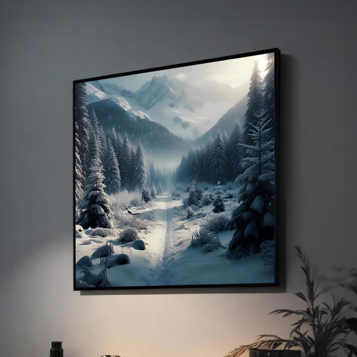 Snowy Mountain Forest Path in Blue Winter Wonderland Scenery Poster