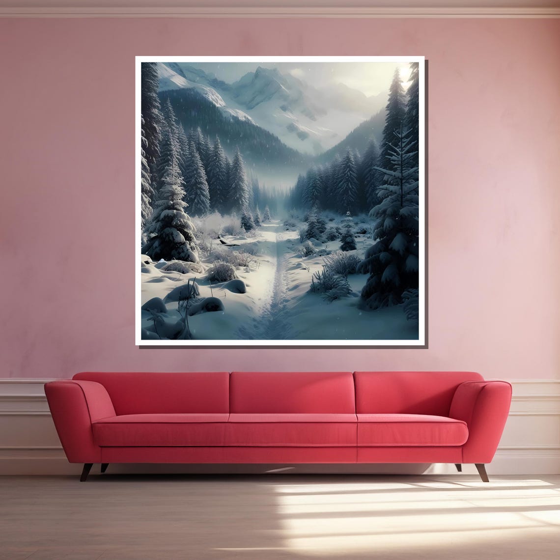Snowy Mountain Forest Path in Blue Winter Wonderland Scenery Poster - Image 3