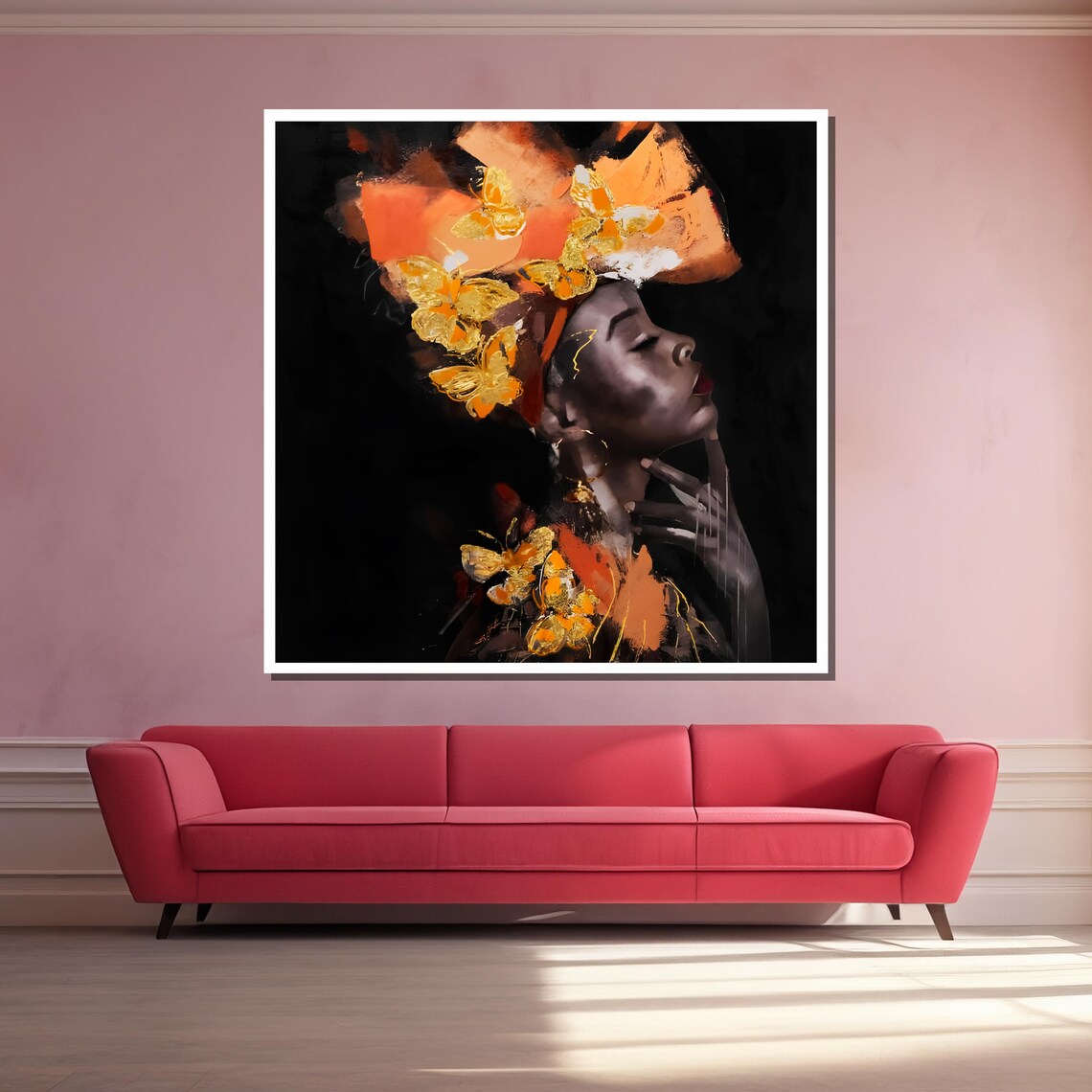 Stunning Afrocentric Wall Art African Woman With Orange And Gold Headdress Modern Art For Home Or Office Decor - Image 3