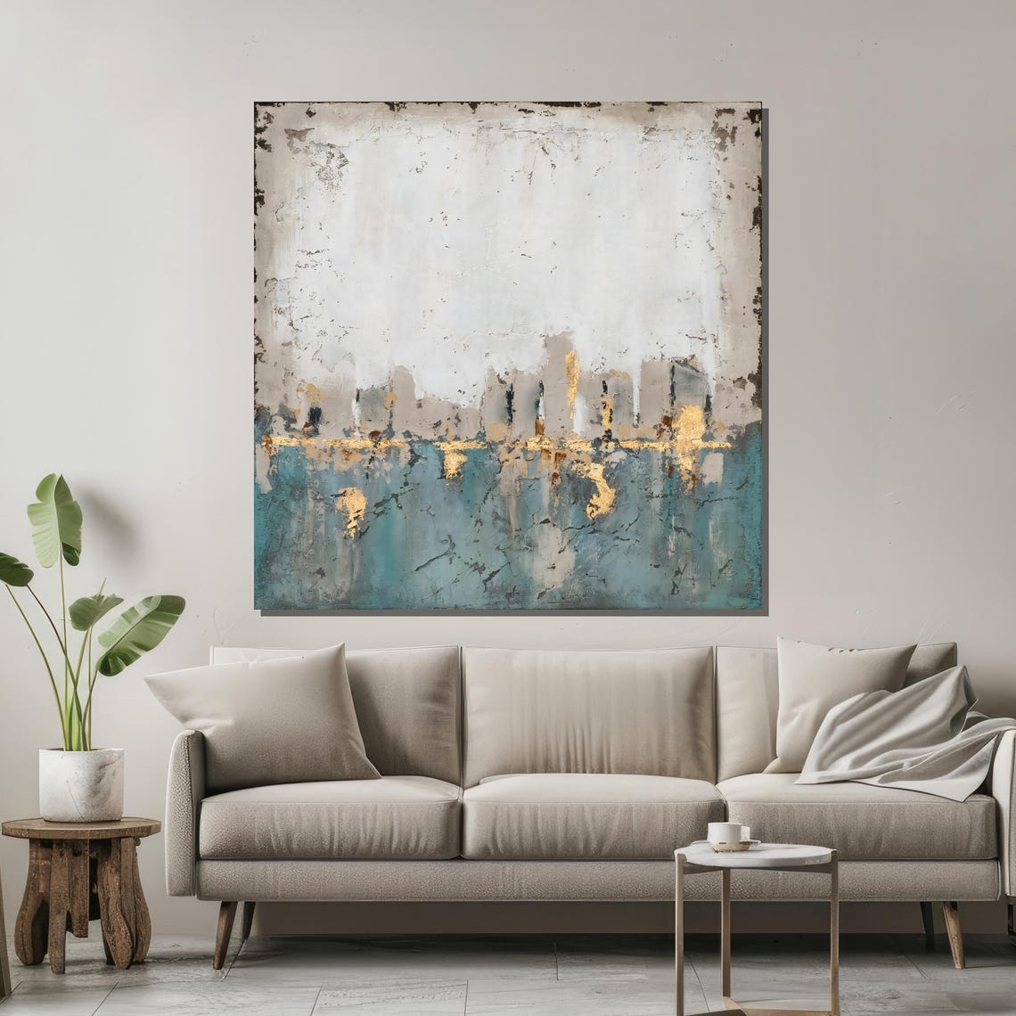 Abstract Teal and Gold City Skyline Textured Modern Art Poster - Image 2