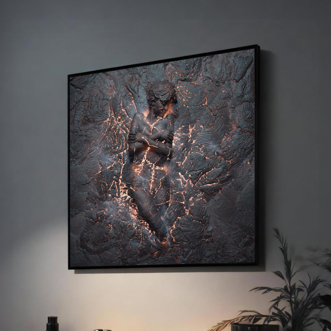 Woman's Figure Emerging From Glowing Volcanic Lava Rock Art Poster