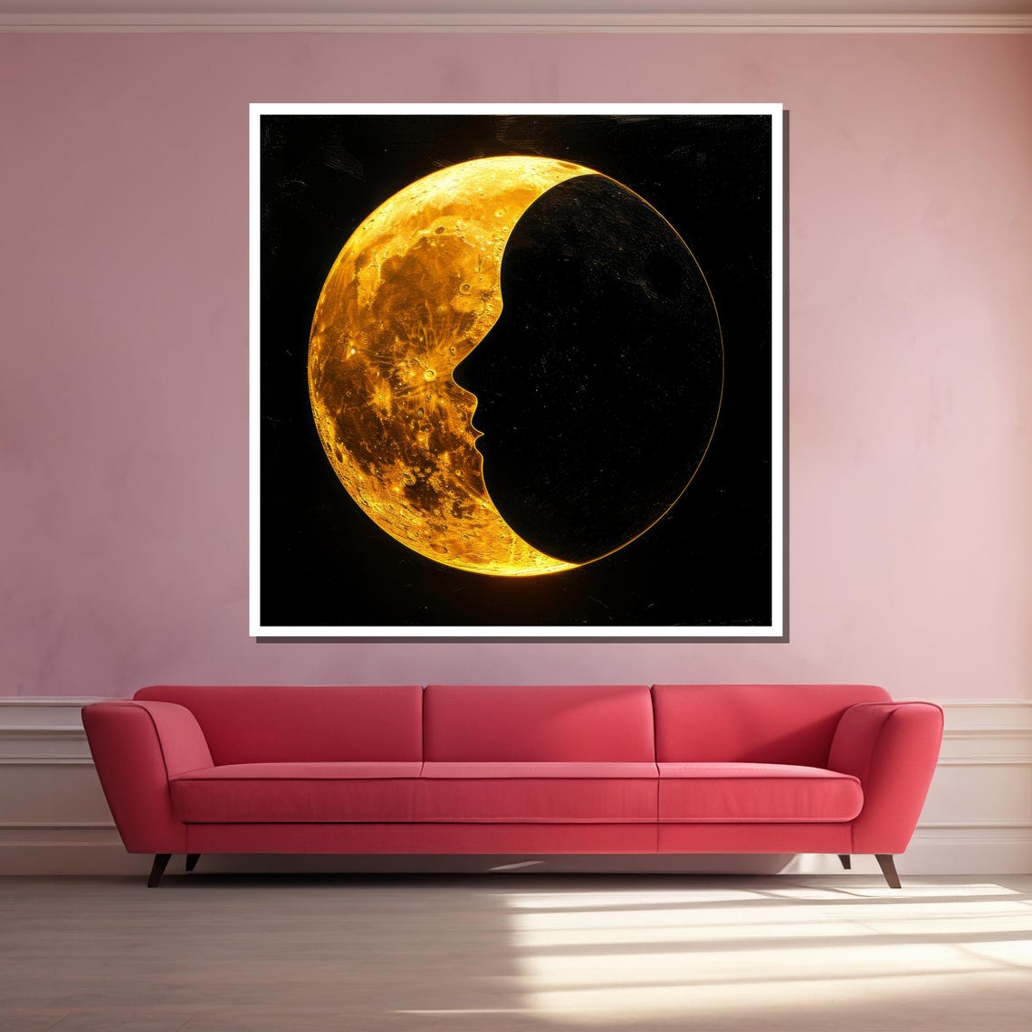 Golden Crescent Moon With Woman's Face Silhouette Celestial Art Poster - Image 3