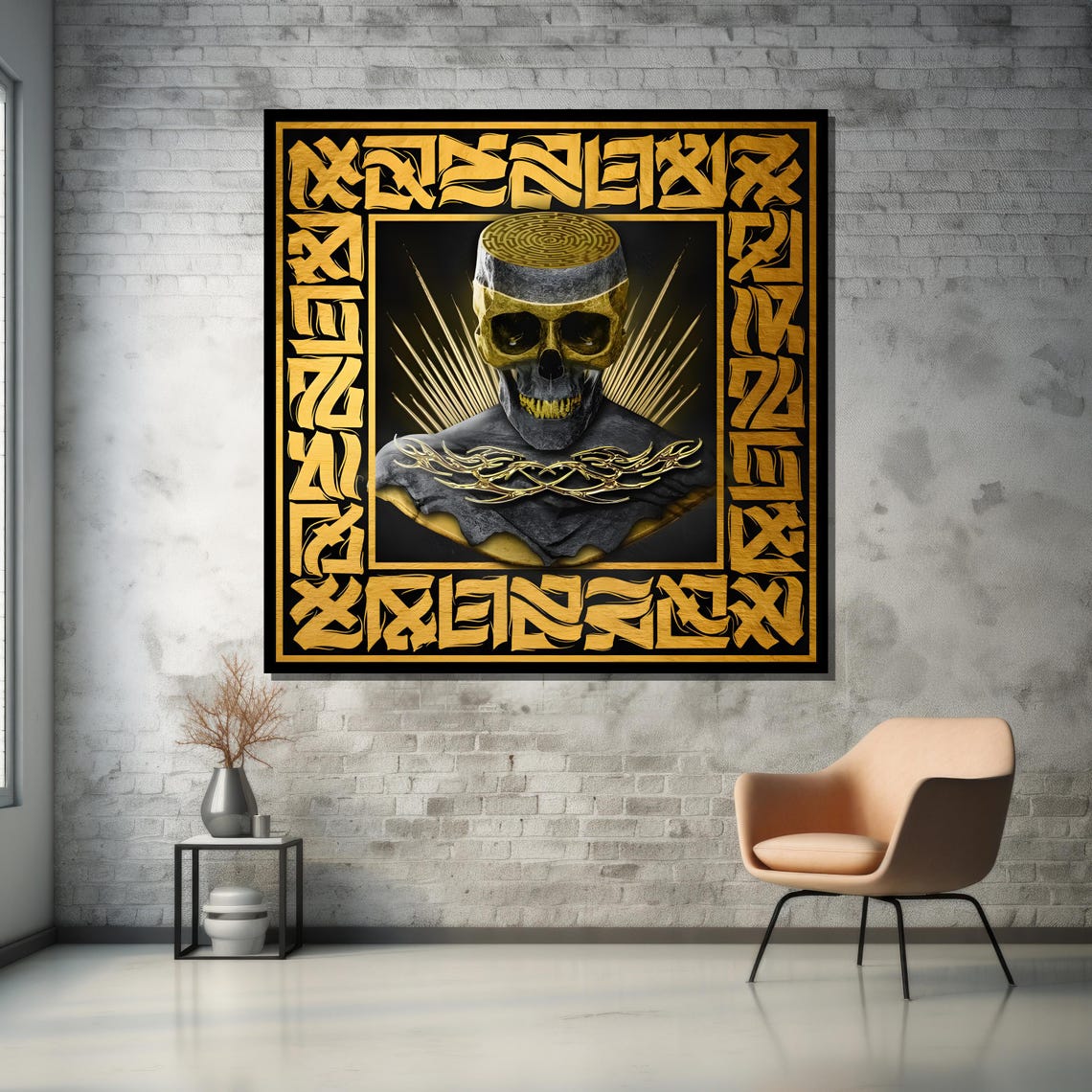 Golden Skull With Intricate Calligraphy Bold Gothic Art For Unique Home Decor - Image 5