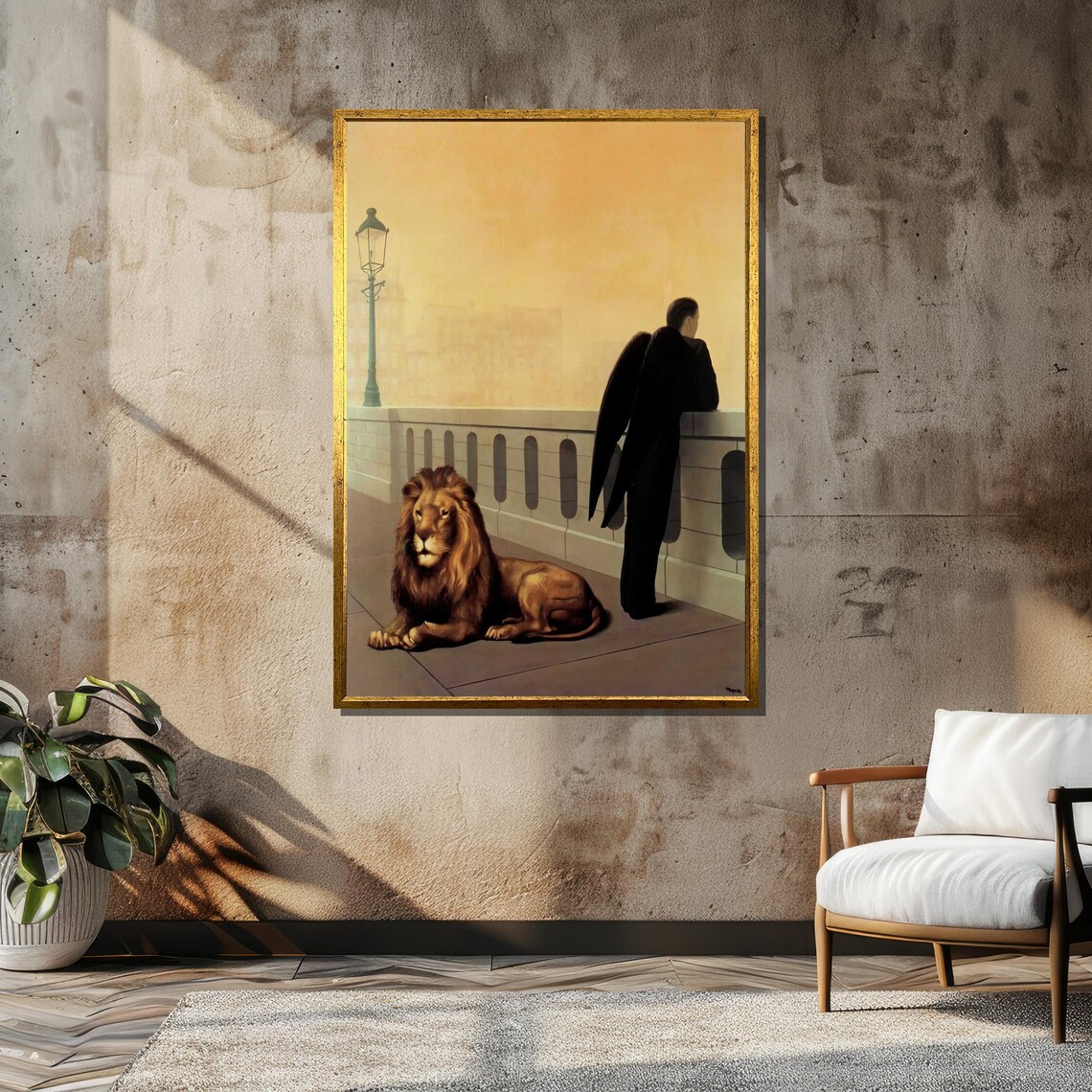 Surreal Dark Winged Angel Beside Lion On Foggy Bridge Poster - Image 6