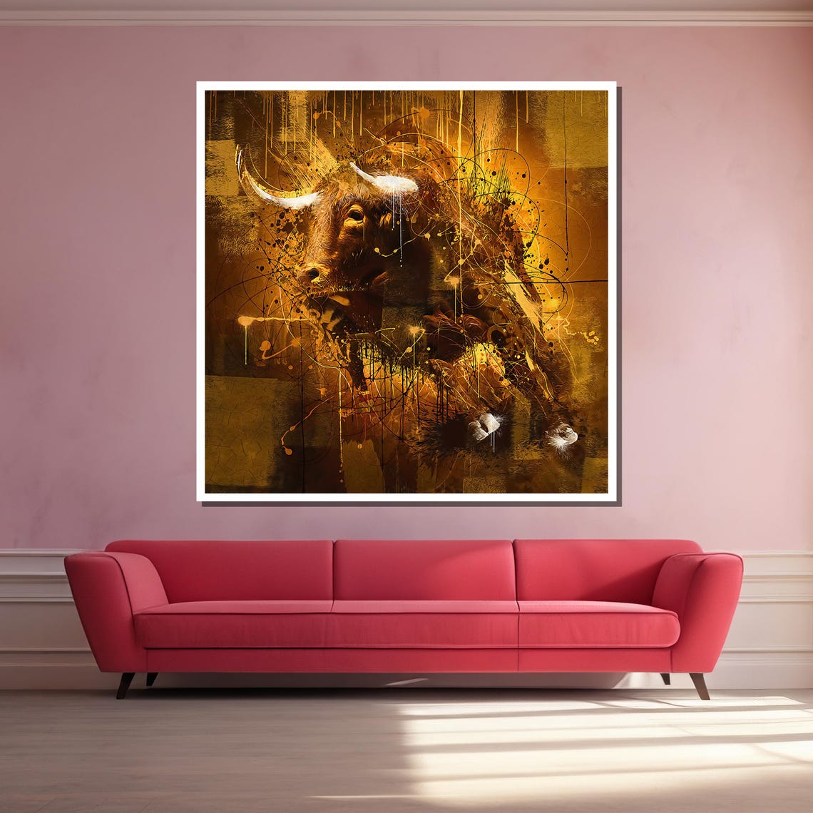 Abstract Bull Wall Art Golden Brown Animal Painting Rustic Western Inspired Decor For Living Room Or Office Ready To Hang - Image 3