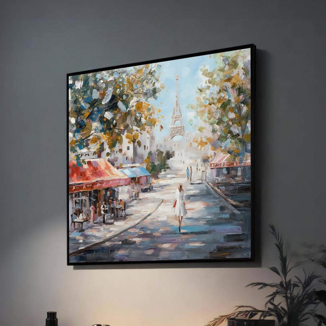 Romantic Paris Street Scene With Eiffel Tower And Cafes Poster