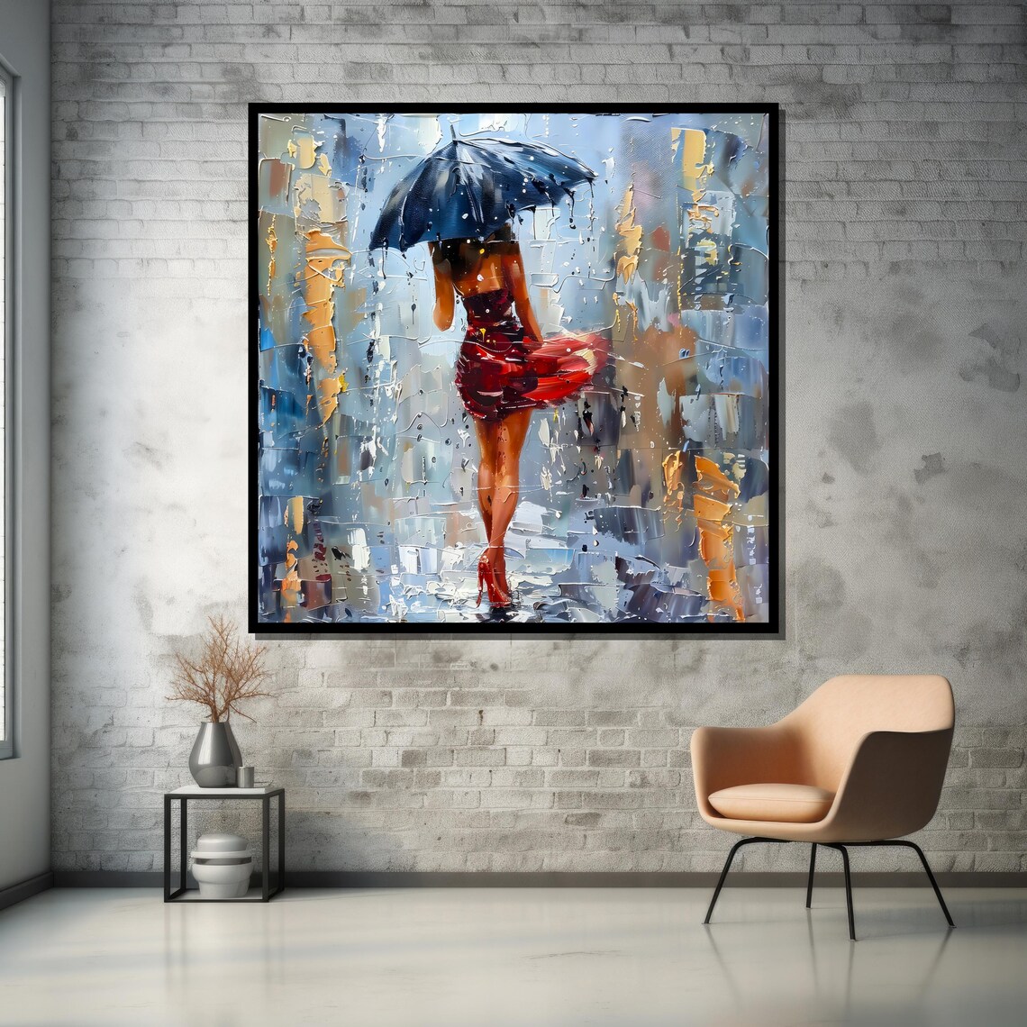 Lady In Red Dress With Umbrella Walking In Rainy City Poster - Image 5