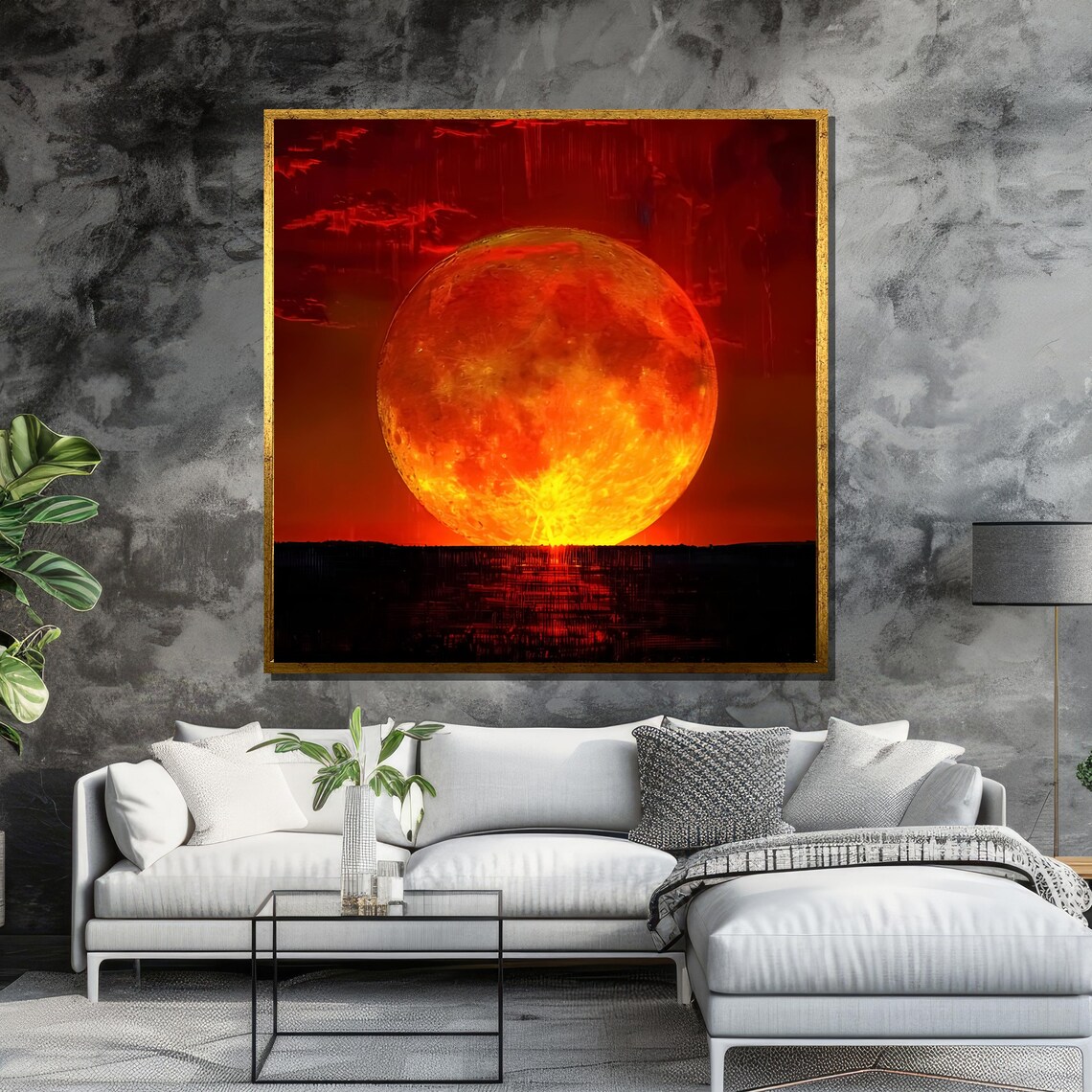 Giant Fiery Orange Full Moon Rising Over Dark Water Art Poster - Image 6