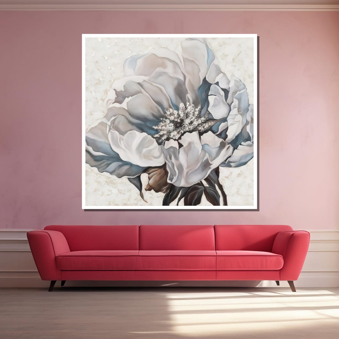 Gray and White Peony on Cream Textured Background Floral Art Poster - Image 3