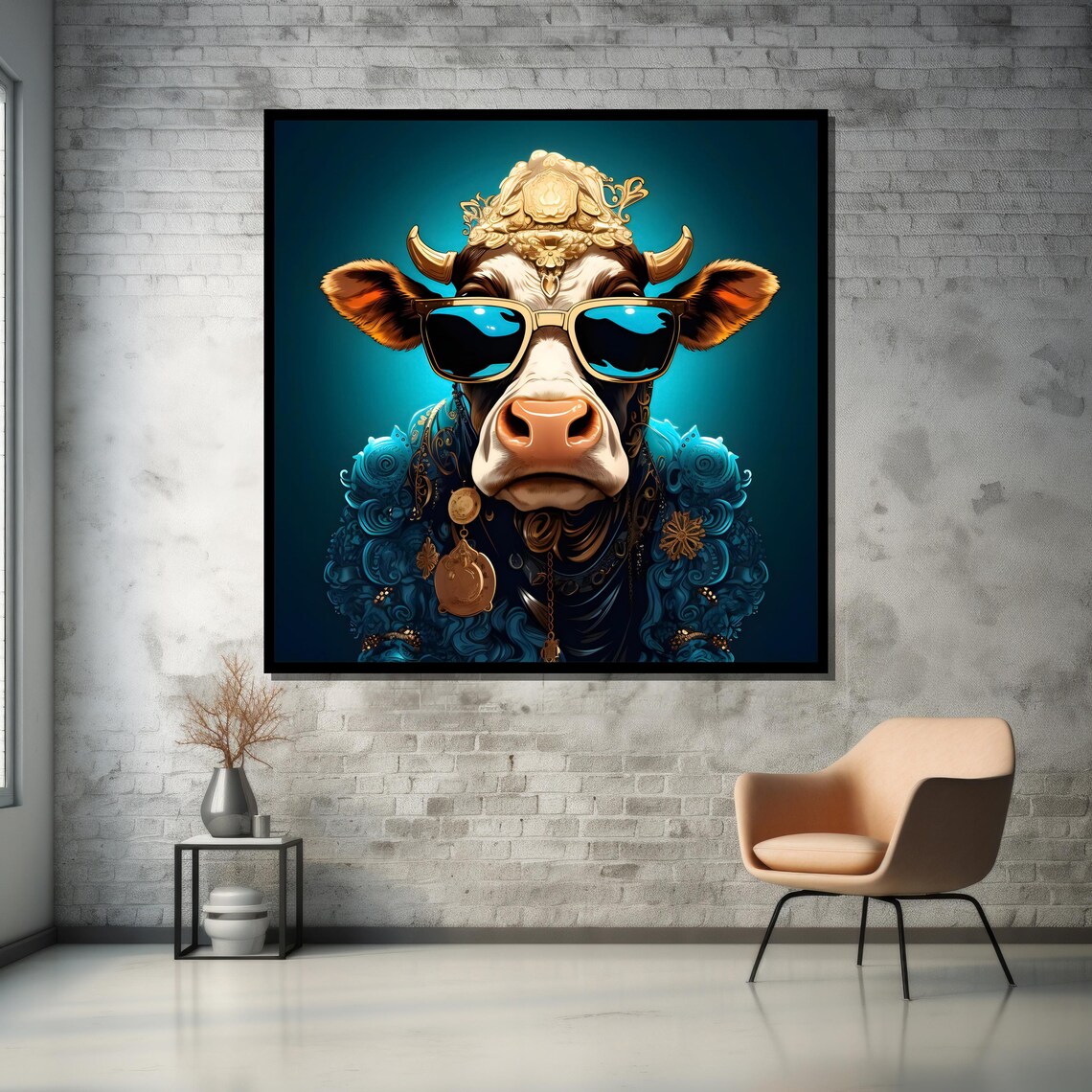 Funky Cow in Sunglasses Cool Animal Portrait Poster for Living Room - Image 5