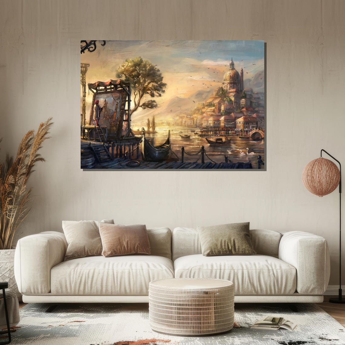 Venetian Sunset Canal With Gondolas And Painter Dock Scene Poster - Image 2
