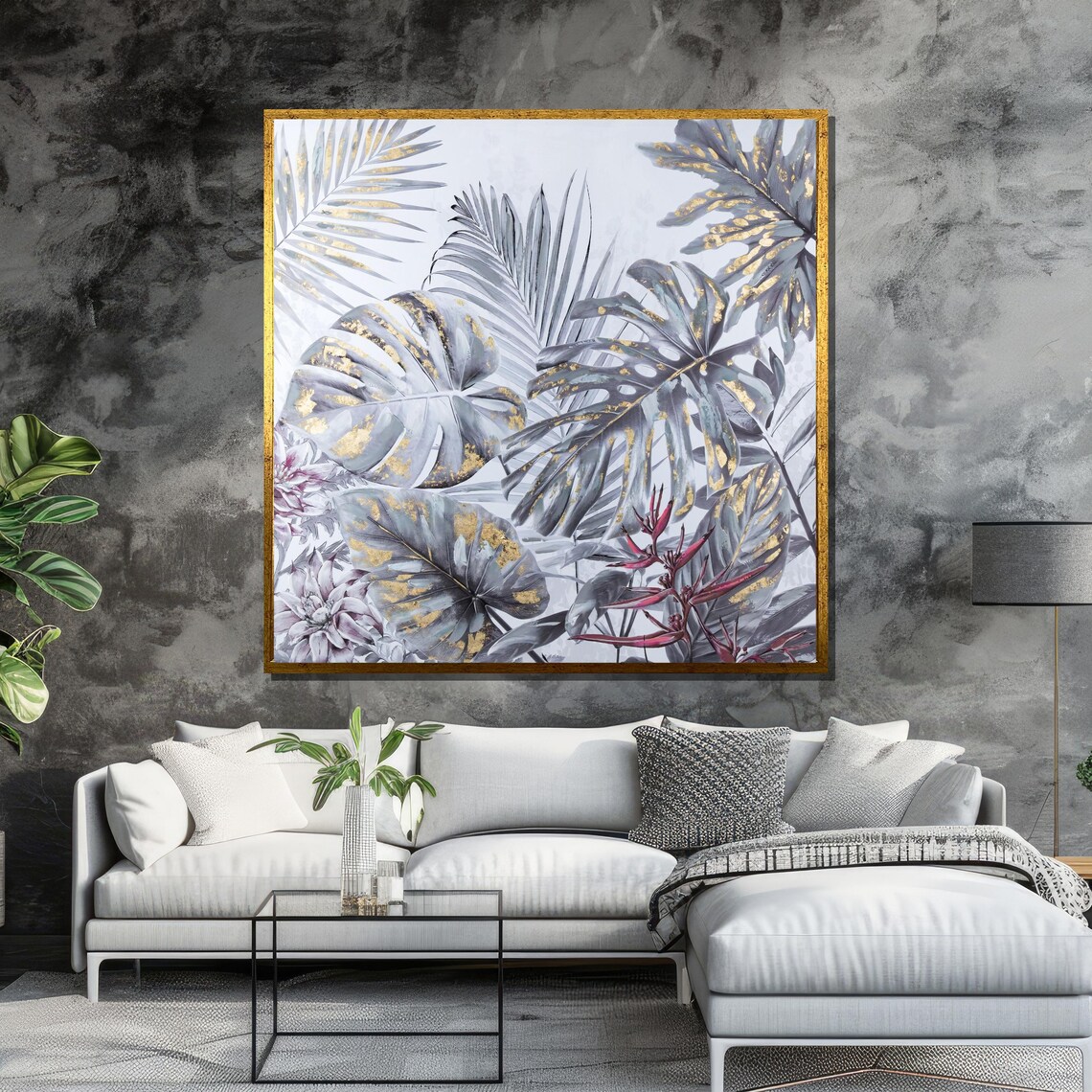Gray Monstera and Palm Leaves With Gold Accents Botanical Art Poster - Image 6