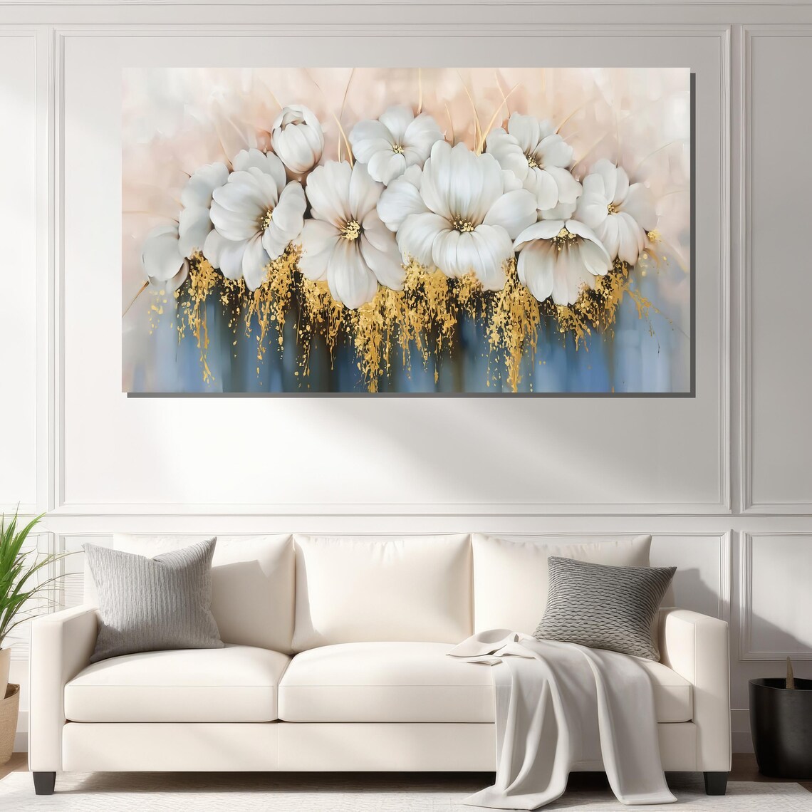 Elegant White Flower Wall Art With Gold Accents Luxury Modern Home Decor - Image 2