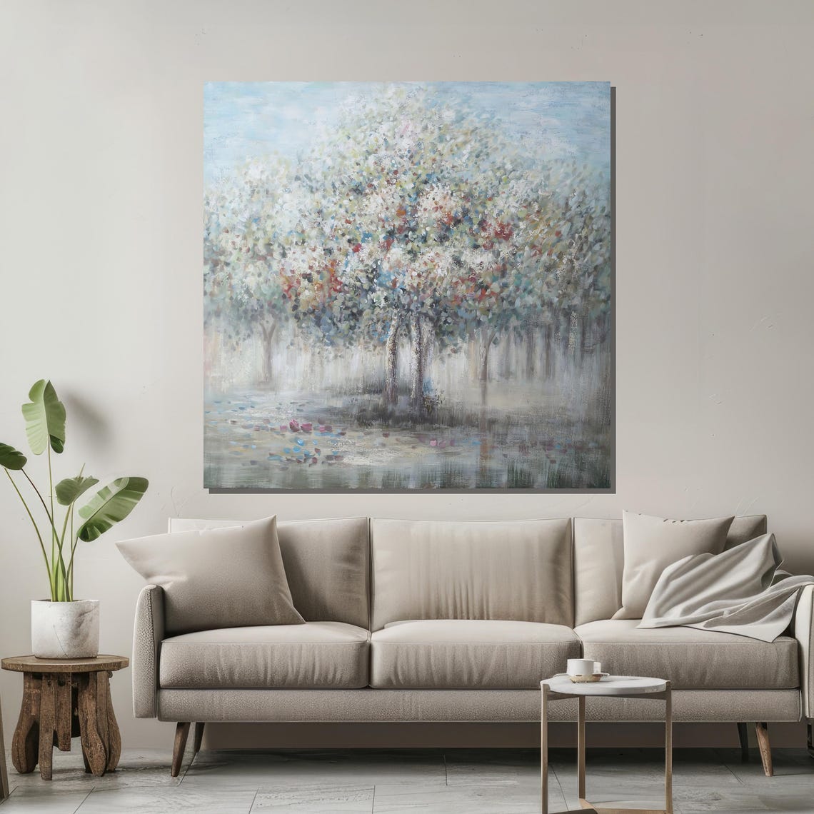 Misty Blossom Trees Soft Pastel Impressionist Forest Landscape Poster - Image 2