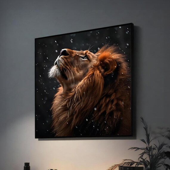 Majestic Lion Gazing Skyward Snow Dark Dramatic Wildlife Poster