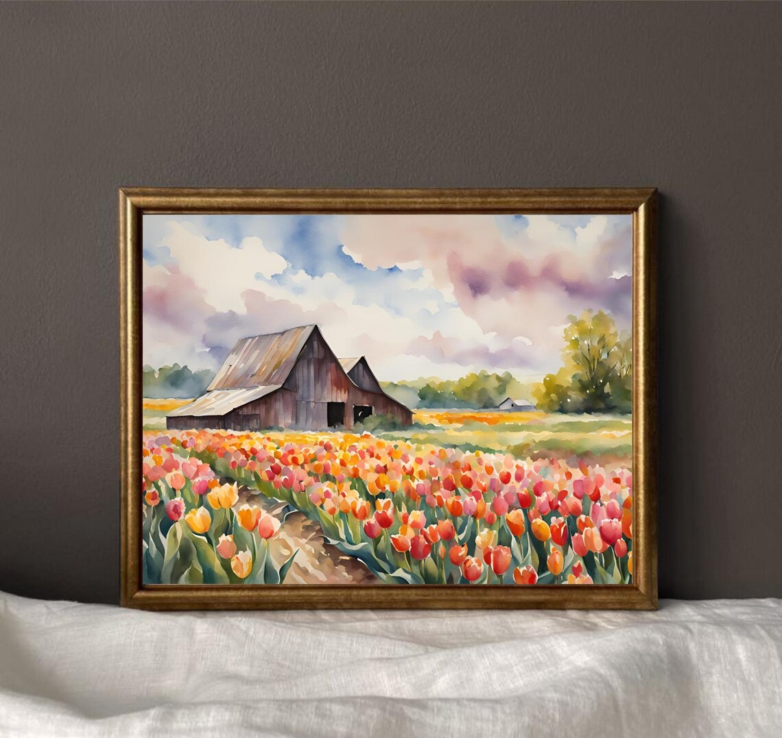 Tulip Field Painting, Watercolor Spring Landscape