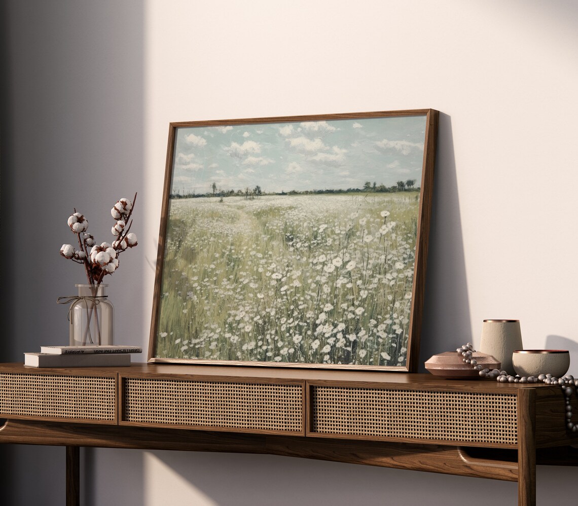 White Wildflower Field Stretching to Horizon Vintage Art Print - Image 3