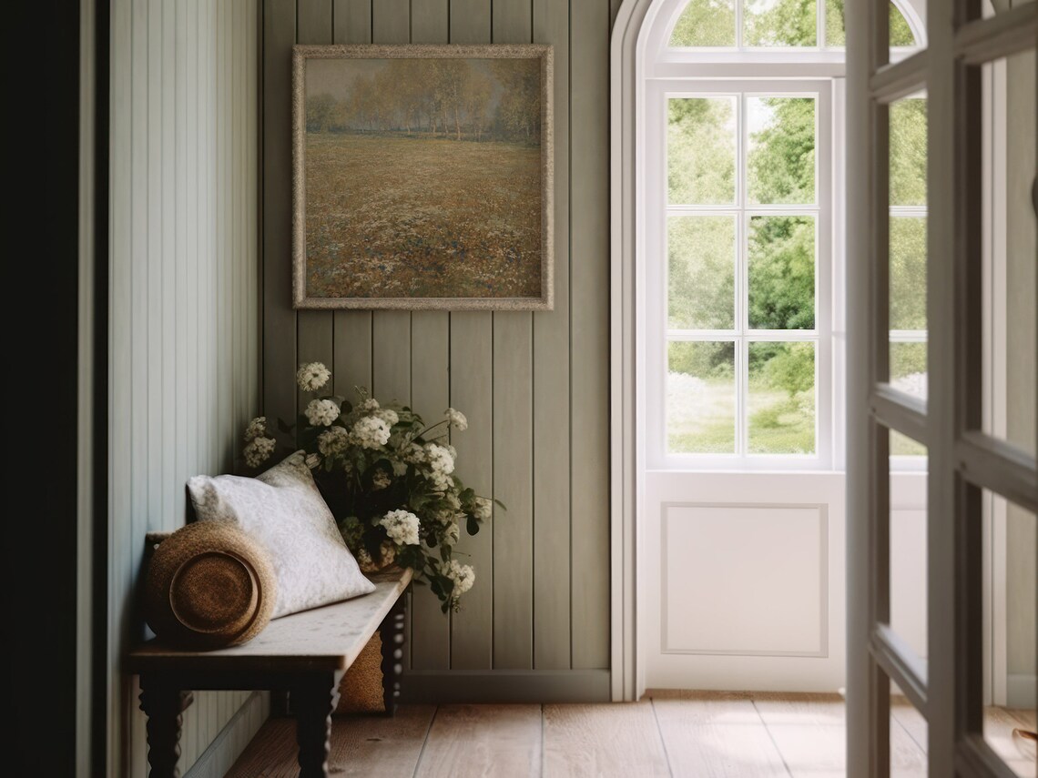 Wildflower Meadow Misty Trees Vintage Landscape Neutral Wall Poster - Image 3
