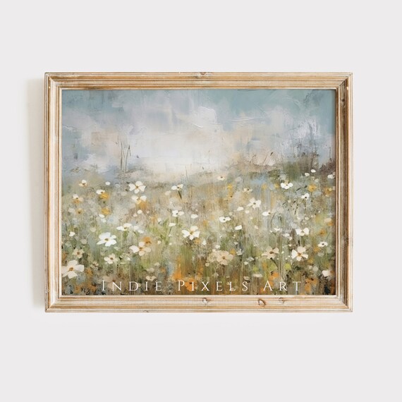 Daisy Wildflower Meadow Impressionist Painting Blue Sky Cottagecore Poster