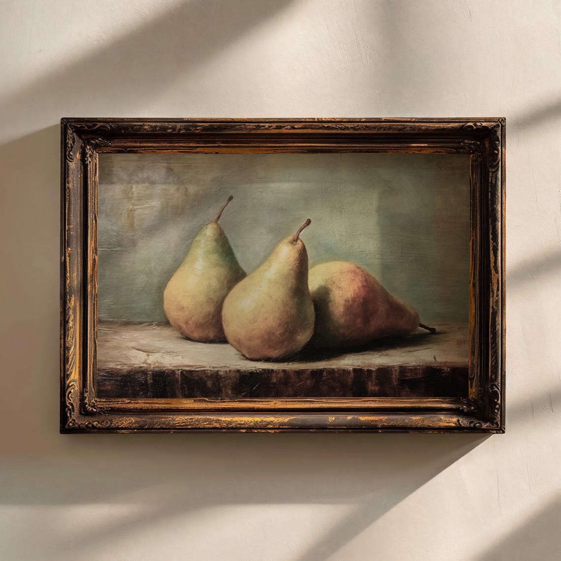 Three Pears Still Life Vintage Kitchen Rustic Fruit Oil Painting Print - Image 4