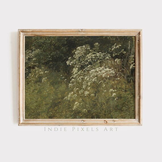 Dark Woodland Wildflowers Vintage Painting Moody Green Wall Art