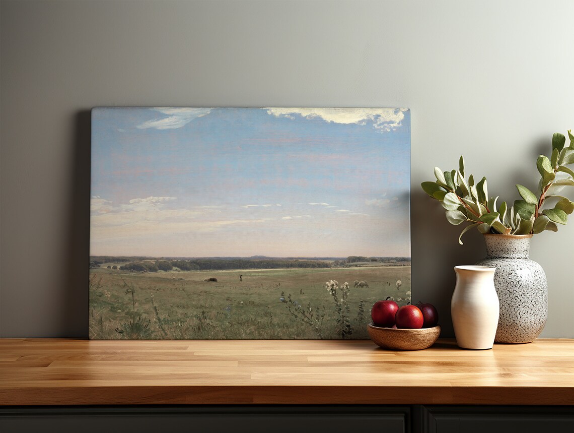 Pastel Dawn Pasture Vintage Landscape with Grazing Cows Wall Art - Image 4