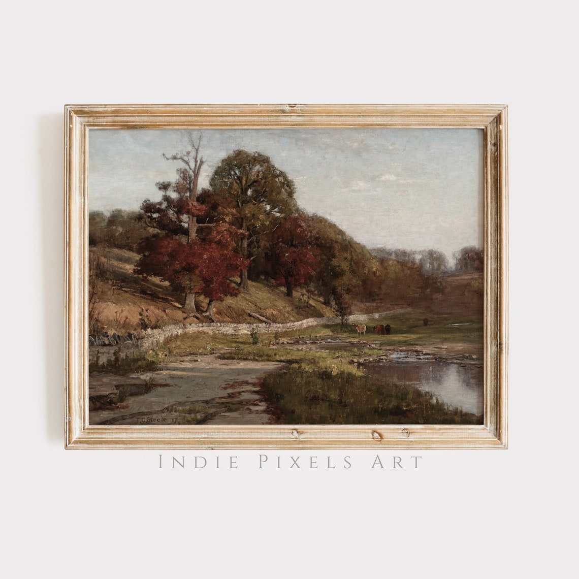Autumn River Bend with Red Maples Grazing Cows Vintage Painting