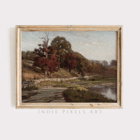 Autumn River Bend with Red Maples Grazing Cows Vintage Painting