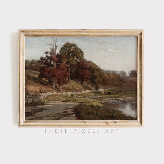 Fall Landscape Wall Art Vintage Autumn Moody Countryside Painting Farmhouse Fall Wall Decor Rustic Lodge Decor