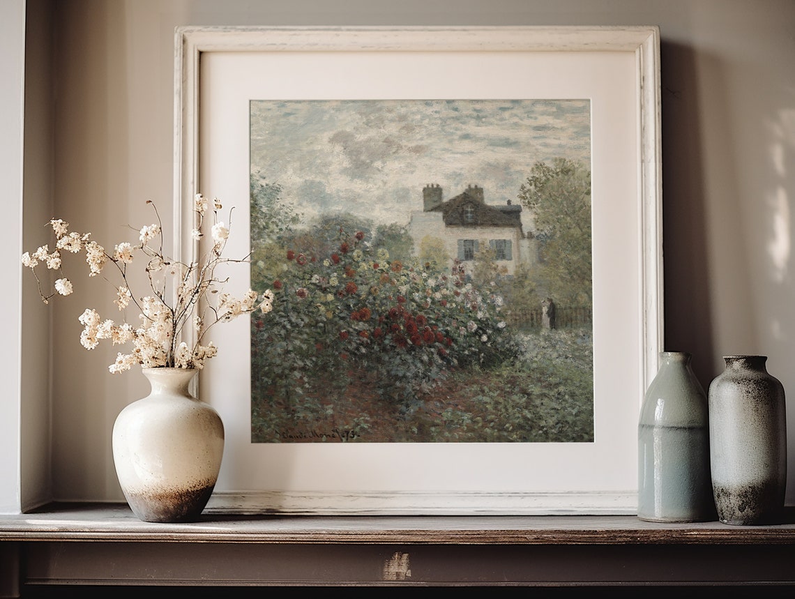 Vintage Rose Garden Cottage Impressionist Floral Landscape Print - Image 4