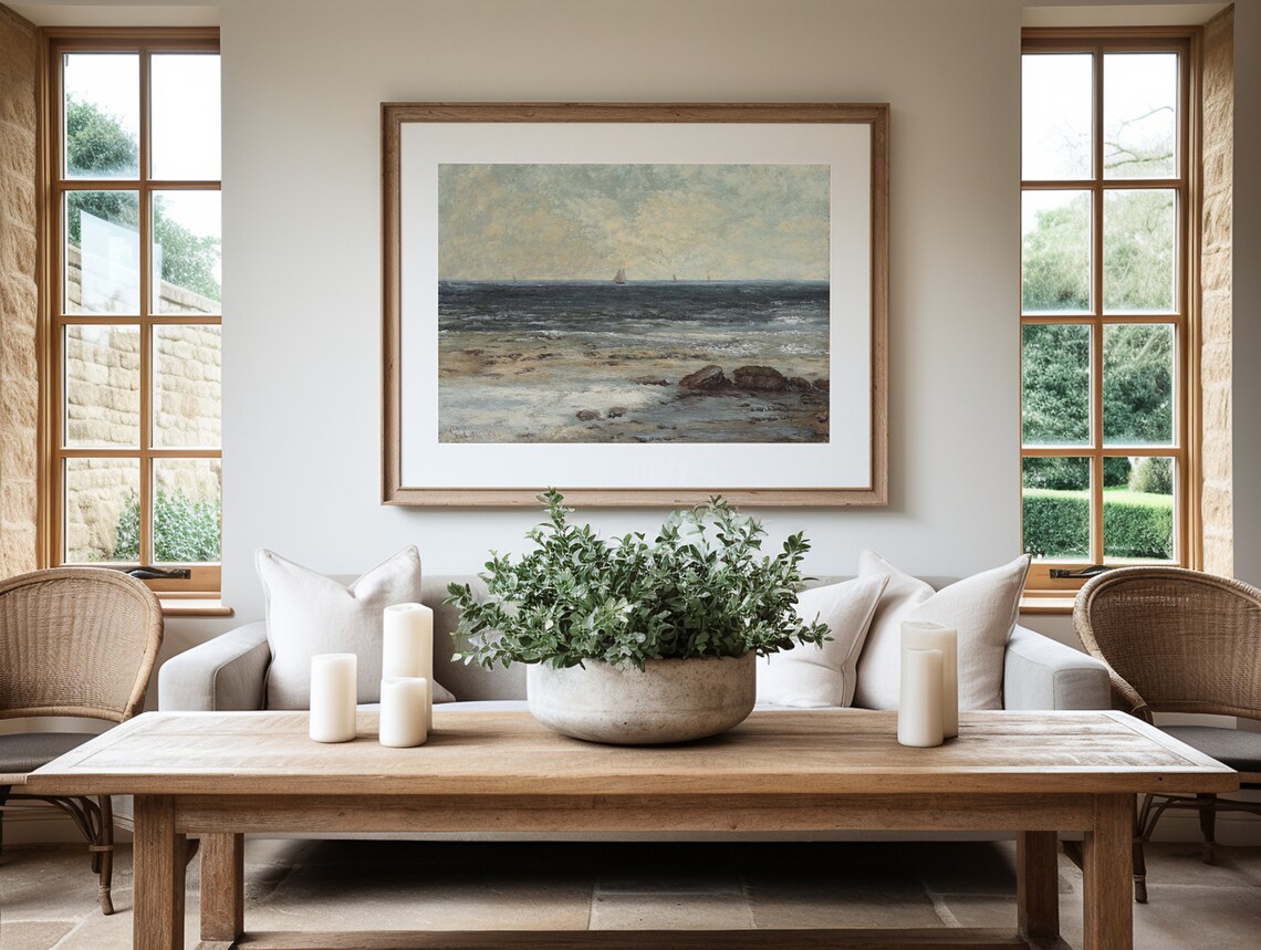 Vintage Ocean Seascape Rocky Shore with Sailboats Coastal Wall Art - Image 3