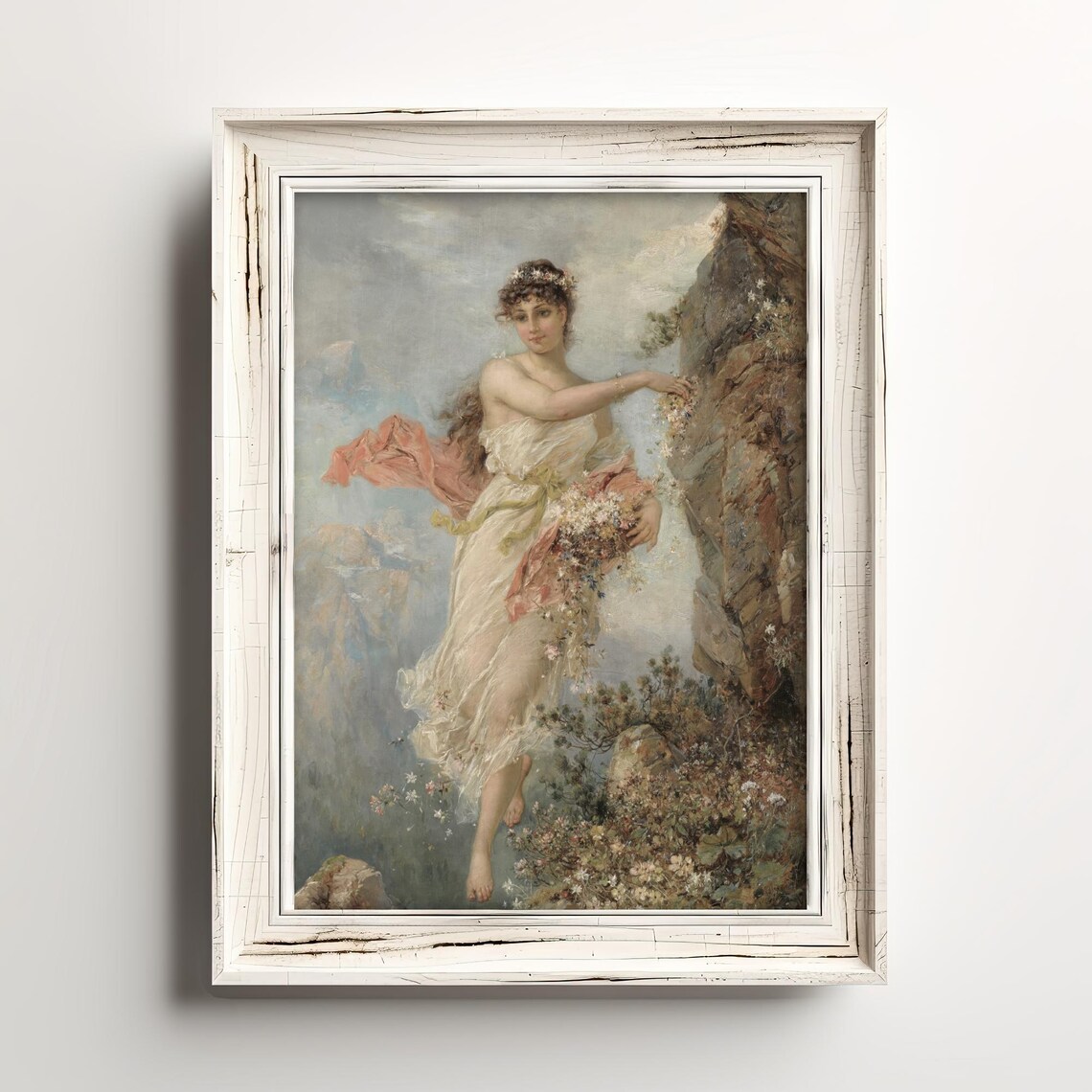 Romantic Woman Gathering Flowers Cliff French Style Painting Art Print - Image 3