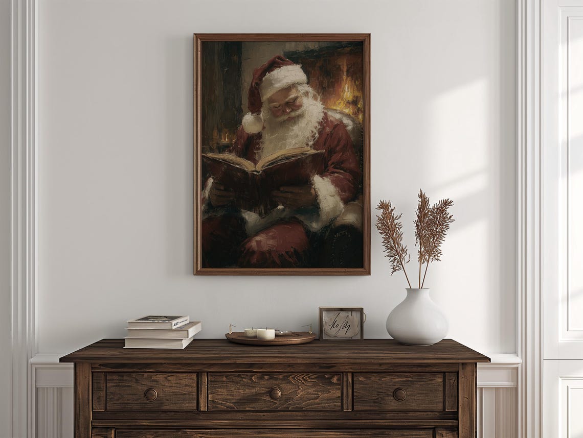 Vintage Santa Claus Reading By The Fireplace Christmas Art Poster - Image 2