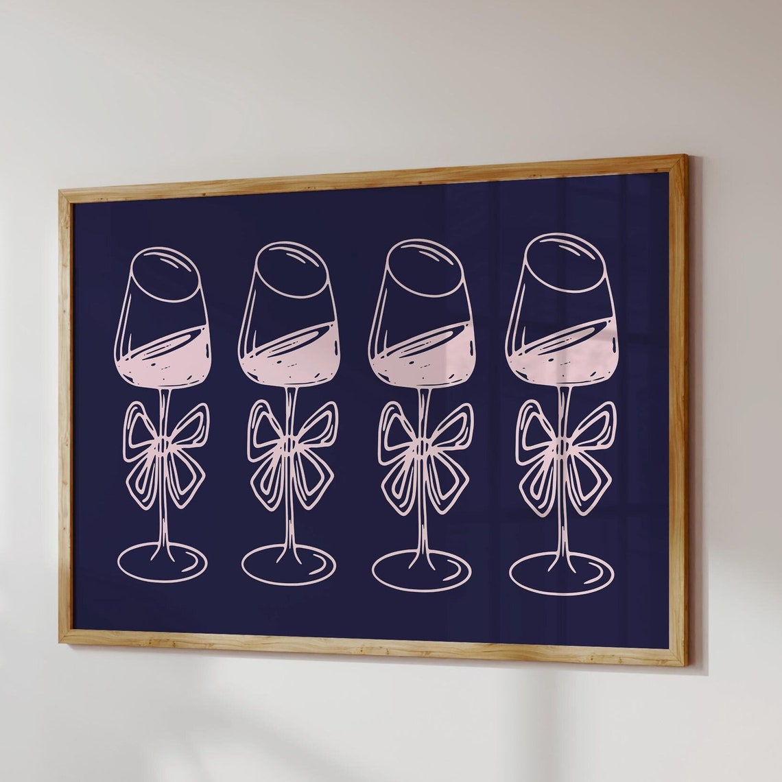 Wine Glasses With Pink Bows Navy Blue Minimalist Line Art Poster