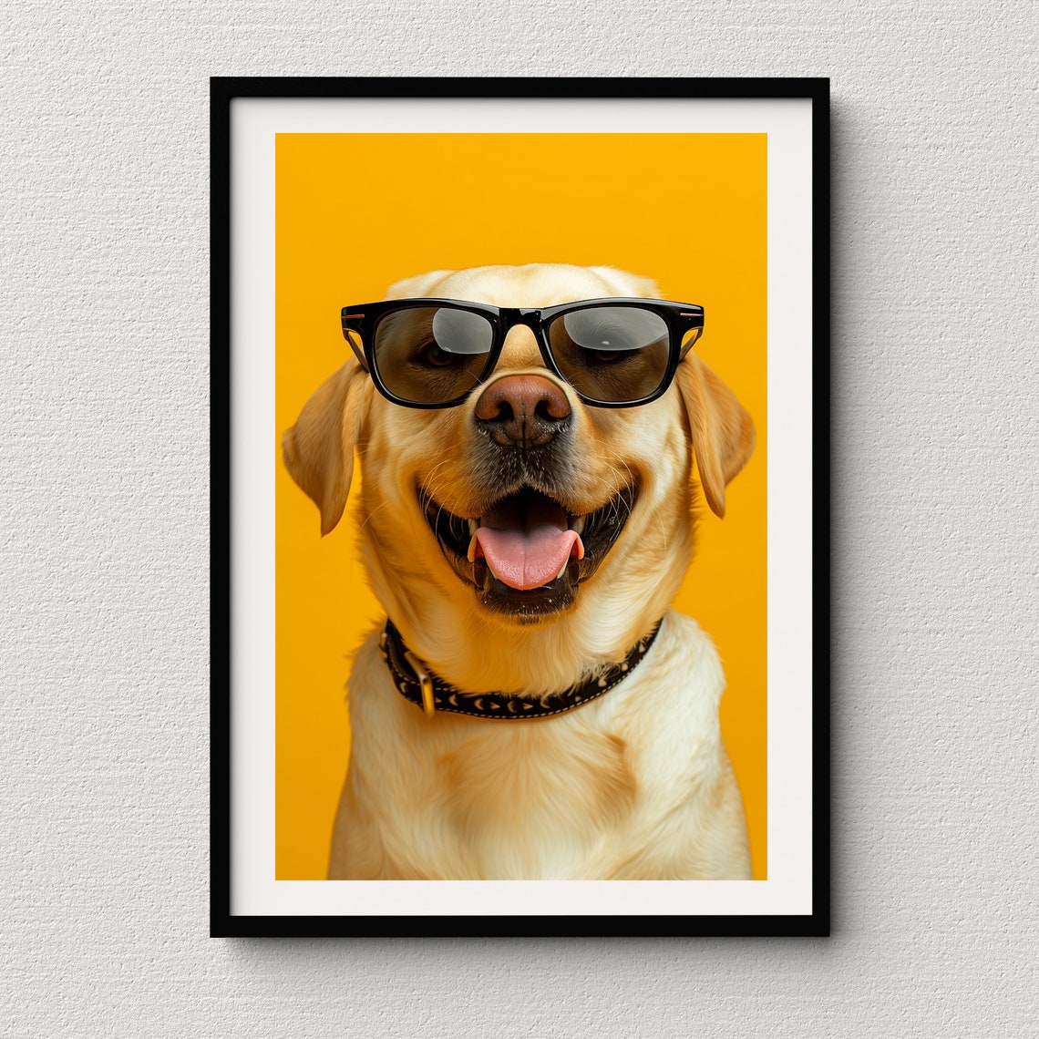 Smiling Yellow Labrador in Black Sunglasses on Bold Orange Fun Poster