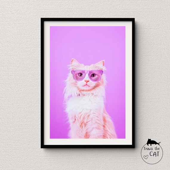 White Long Haired Cat in Purple Glasses on Purple Pop Art Poster