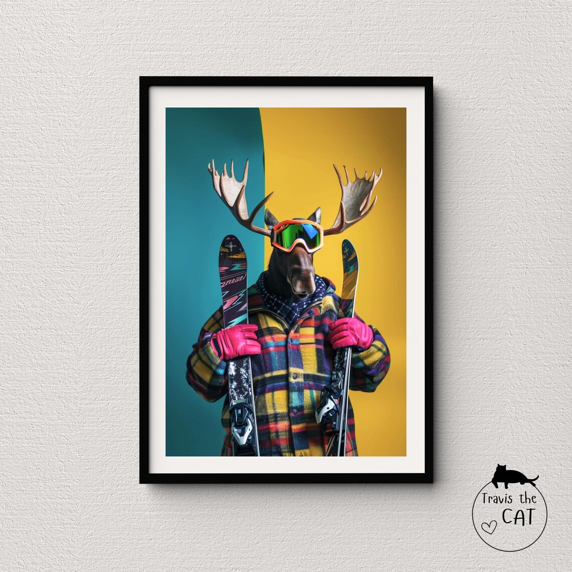 Moose Skier in Plaid Shirt and Neon Goggles Fun Winter Sports Poster