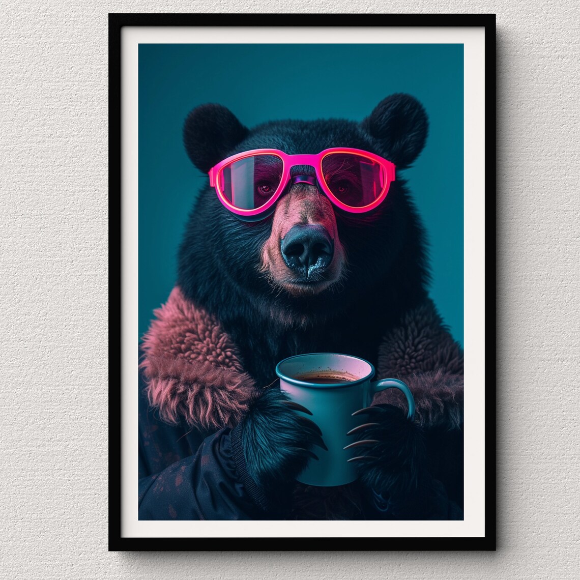 Black Bear in Pink Sunglasses Holding Coffee Mug Teal Neon Poster
